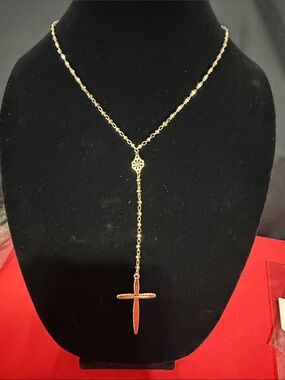 Gold-Tone Necklace with Red Cross Pendant